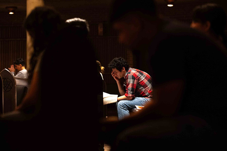 Young adults recognize the value of silence as they pray during adoration at the Vocation Awareness Program weekend of discernment on June 14, 2024. The event was held at the University of Dallas in Irving. (NTC/Ben Torres)